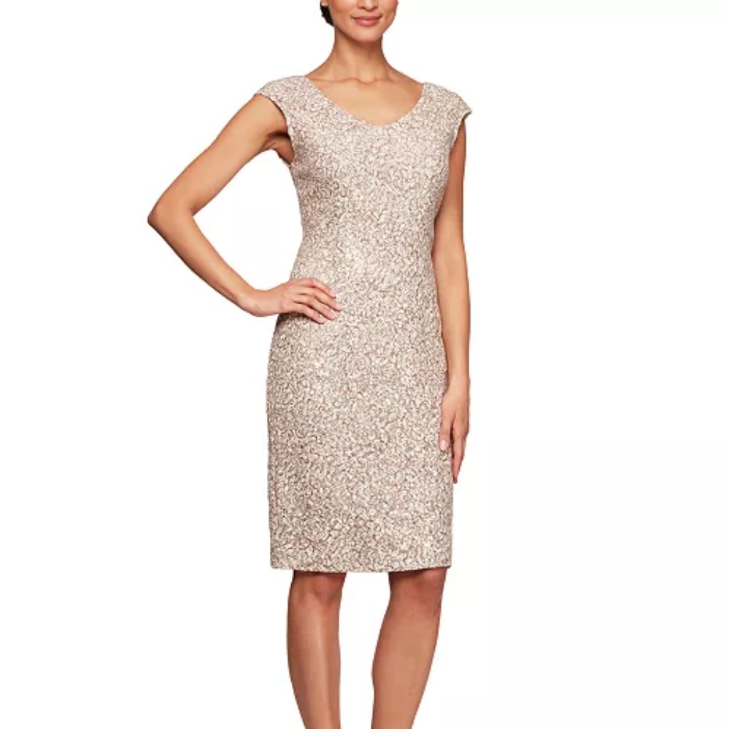 Alex Evenings Champagne Beaded Cap-Sleeve Sheath Dress